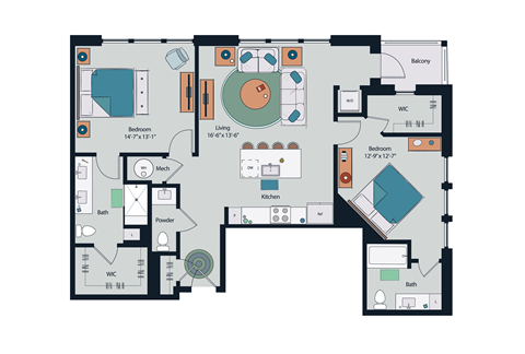Floor plan for 2 beds, 2.5 baths, 1324 sqft